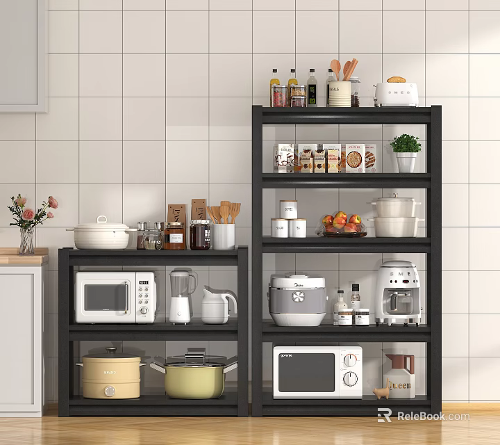 Essential Kitchen Appliances Displayed On Black Storage Shelves With Containers And Potted Plant 3d model 