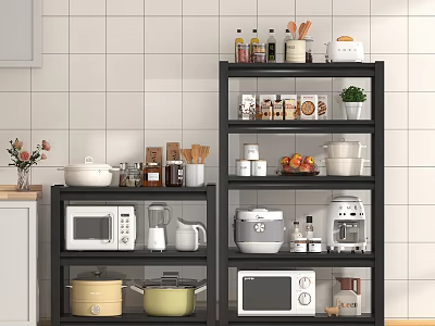 Essential Kitchen Appliances Displayed On Black Storage Shelves With Containers And Potted Plant 3d model