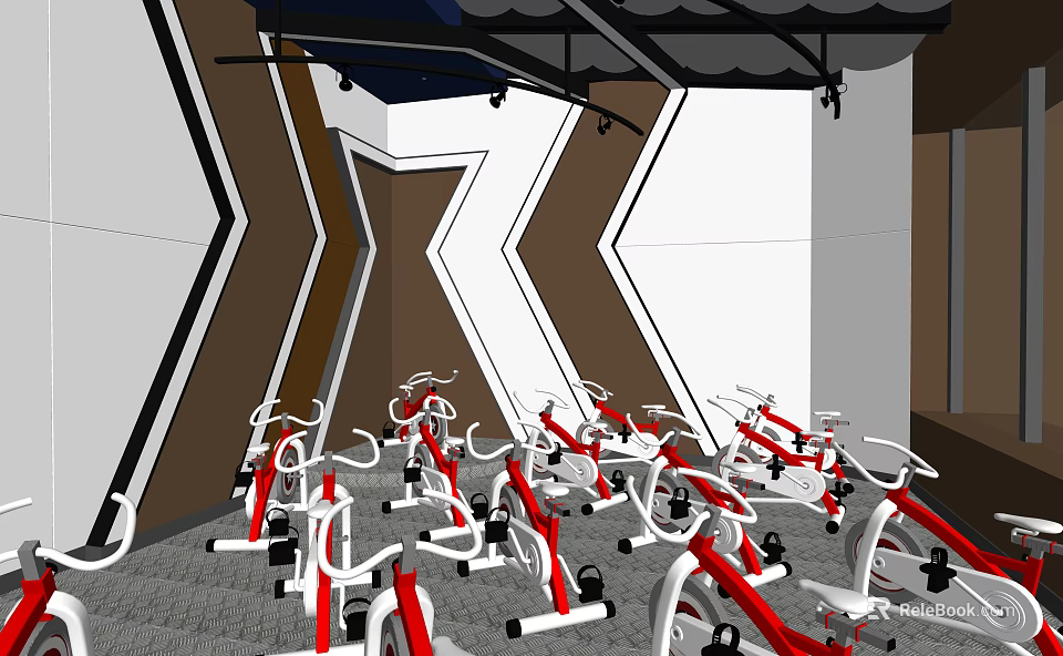 Modern Fitness Gym With Red And White Spin Bikes And Geometric Wall Design 3d model 