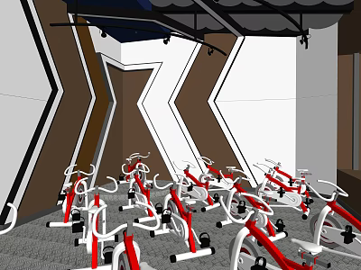 Modern Fitness Gym With Red And White Spin Bikes And Geometric Wall Design 3d model