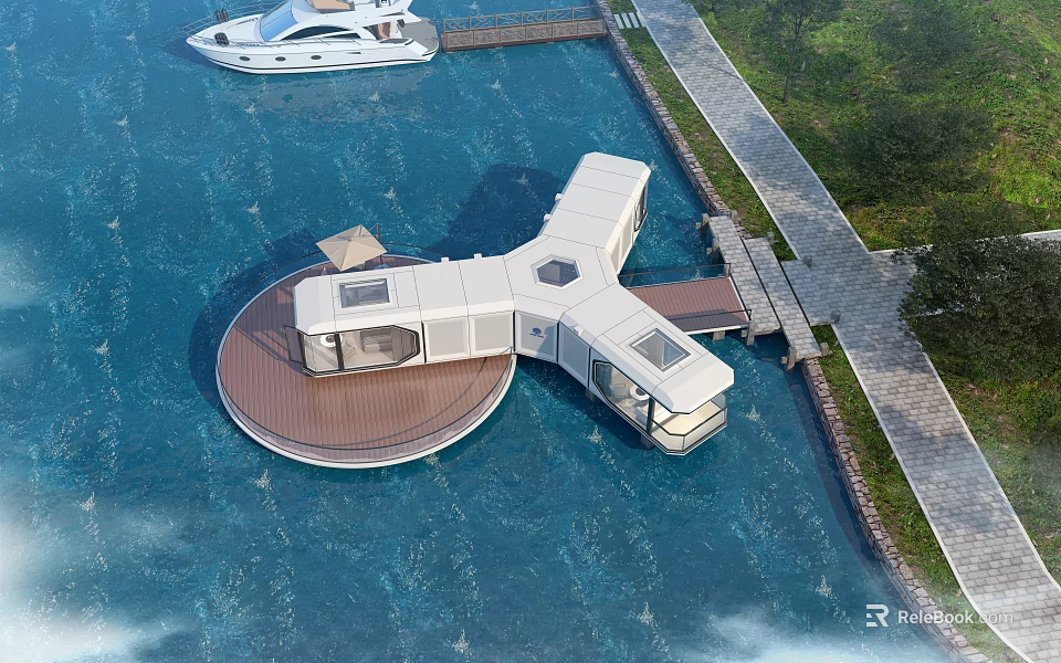 Floating Waterfront House With Circular Wooden Deck Connected To Shore And Scenic Water 3d model 