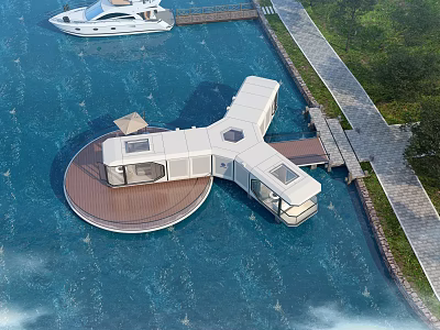 Floating Waterfront House With Circular Wooden Deck Connected To Shore And Scenic Water 3d model