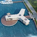 Floating Waterfront House With Circular Wooden Deck Connected To Shore And Scenic Water