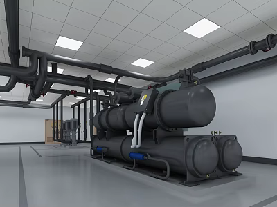 Industrial Facility With Large Black Mechanical Equipment Piping System And Ceiling Lights 3d model