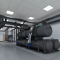 Industrial Facility With Large Black Mechanical Equipment Piping System And Ceiling Lights