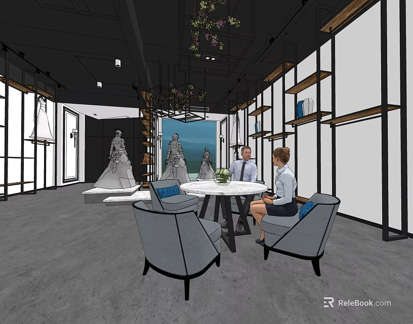 Bridal Shop Interior With Wedding Dress Displays Seated Customers And Modern Decor 3d model 
