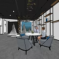 Bridal Shop Interior With Wedding Dress Displays Seated Customers And Modern Decor