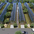 Aerial View Planning of Greenhouse Complex With Glass Structures And Surrounding Trees
