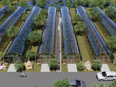 Aerial View Planning of Greenhouse Complex With Glass Structures And Surrounding Trees 3d model