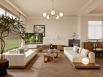 Modern Warm Cream Tone Living And Dining Room With Natural Wood Decor And Comfortable Sofas 3d model