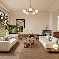 Modern Warm Cream Tone Living And Dining Room With Natural Wood Decor And Comfortable Sofas