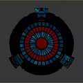 Futuristic Circular Tech Device Featuring Glowing Red Blue Ring And Geometric Patterns