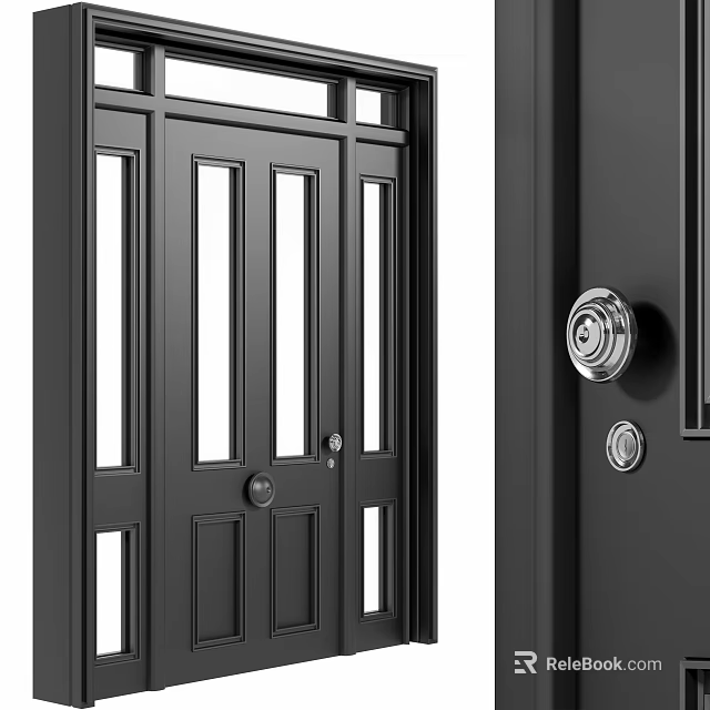 Black Front Door Design With Glass Panels And Silver Knob Decorative Elements 3d model 