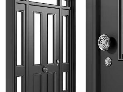 Black Front Door Design With Glass Panels And Silver Knob Decorative Elements 3d model