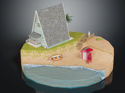 Beach House With Gray Roof White Exterior Palm Tree And Sand Beach Near Blue Sea 3d model