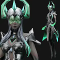 Mythical Game Movie Character With Horned Armor And Green Glowing Accents Front Back Views