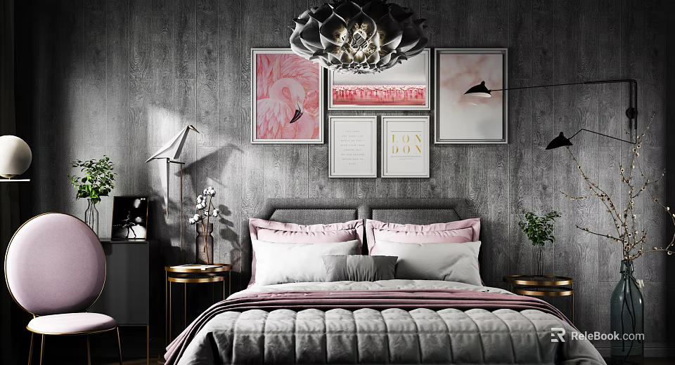 Stylish Double Bed With Pink Flamingo Paintings Gray Wall Chandelier Nightstands And Green Plants 3d model 