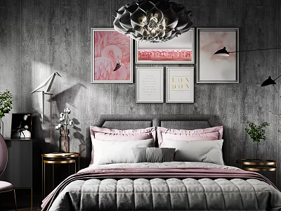 Stylish Double Bed With Pink Flamingo Paintings Gray Wall Chandelier Nightstands And Green Plants 3d model
