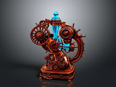 Steampunk Mechanical Device With Brass Gears Wooden Base And Blue Glass Element 3d model