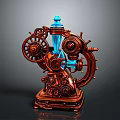 Steampunk Mechanical Device With Brass Gears Wooden Base And Blue Glass Element