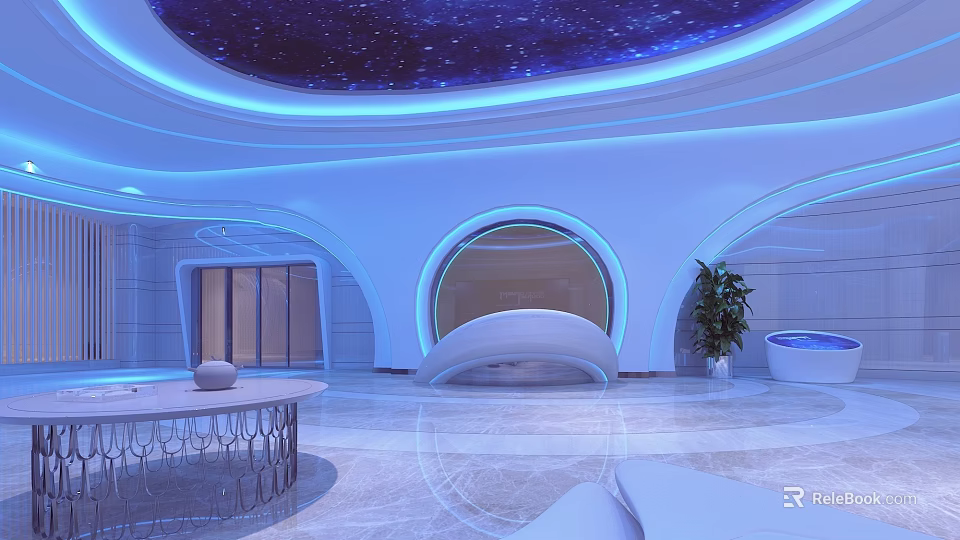 Modern Front Desk Reception With Blue Starry Ceiling Curved Design Blue Lighting And Marble Floor 3d model 