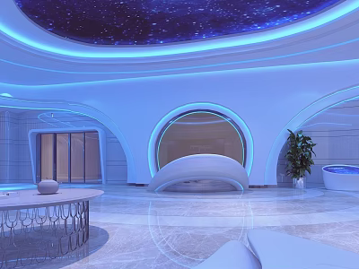 Modern Front Desk Reception With Blue Starry Ceiling Curved Design Blue Lighting And Marble Floor 3d model