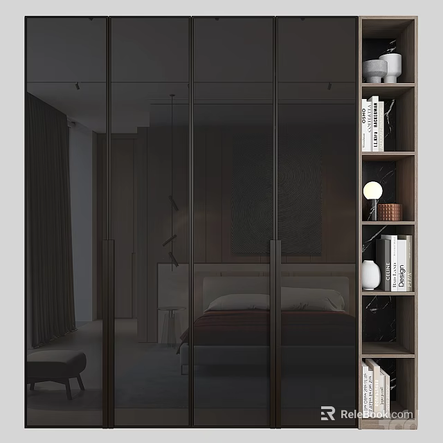 Modern Minimalist Bedroom Gray Sliding Door Wardrobe With Wood Texture Glass Door And Storage 3d model 