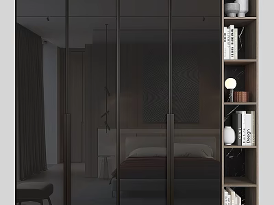 Modern Minimalist Bedroom Gray Sliding Door Wardrobe With Wood Texture Glass Door And Storage 3d model