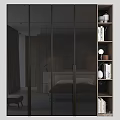 Modern Minimalist Bedroom Gray Sliding Door Wardrobe With Wood Texture Glass Door And Storage