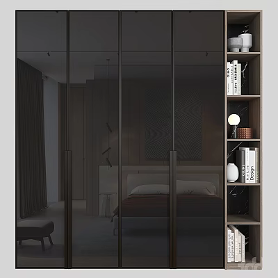 Modern Minimalist Bedroom Gray Sliding Door Wardrobe With Wood Texture Glass Door And Storage 3d model