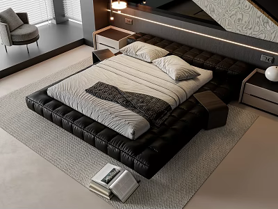 Black Leather Upholstered Double Bed With White Sheets Pillows Nightstands And Magazines 3d model