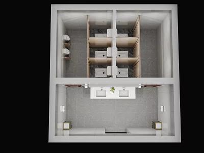 Modern Public Toilet Layout Design With Multiple Private Stalls And Spacious Dual Sink Area 3d model
