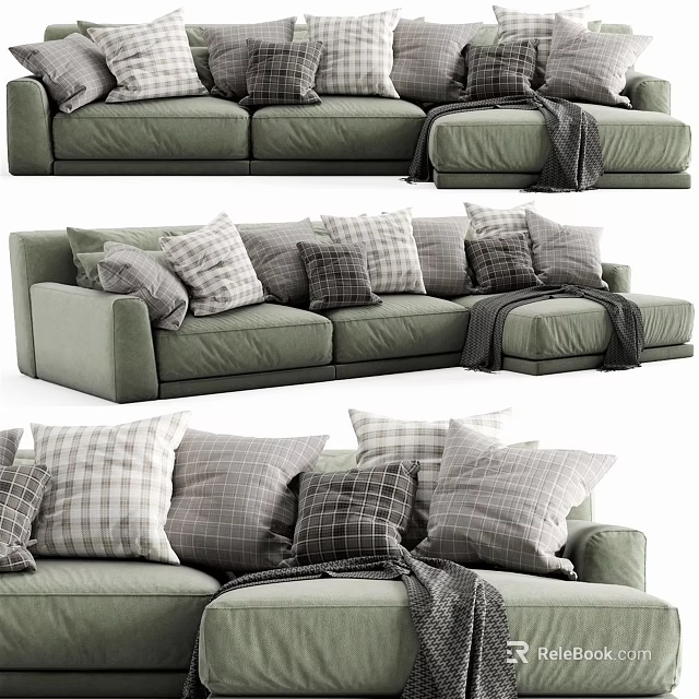 Modern Multi-Seat Sofa With Checkered Pillows And Cozy Throw Blanket Design 3d model