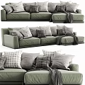 Modern Multi-Seat Sofa With Checkered Pillows And Cozy Throw Blanket Design 3d model
