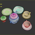 Delicate Ceramic Tea Set With Teapot Cups Saucers And Floral Patterns 3d model