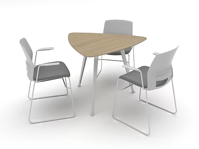 Modern Negotiation Table and Chairs with Triangular Wooden Tabletop Gray Cushions and Metal Frames 3d model