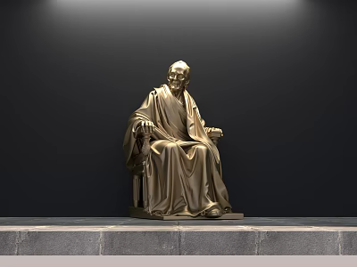 Golden Landscape Sculpture of Seated Figure in Robes on Gray Platform with Dark Background 3d model