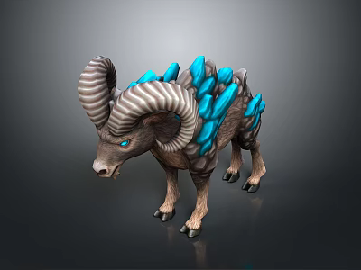 Mythical Fantasy Creature With Large Curved Horns And Blue Crystal Spikes 3d model