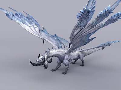 Game Movie Character Dragon With Blue Silver Feathered Wings White Body Sharp Fangs 3d model
