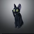 Cartoon Black Cat with Big Yellow Eyes and Purple Ears Sitting and Raising Paw
