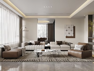 Modern Living and Dining Room Interior With Beige Sofas Coffee Tables Area Rug And Decorative Art 3d model
