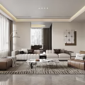 Modern Living and Dining Room Interior With Beige Sofas Coffee Tables Area Rug And Decorative Art