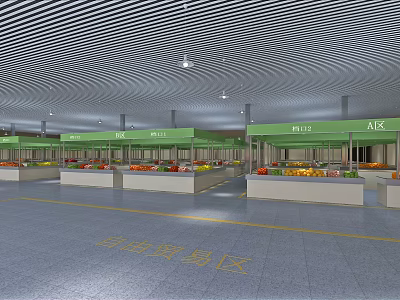 Supermarket Fresh Produce Section With Multiple Stalls Self-service Shopping Area And Green Signage 3d model