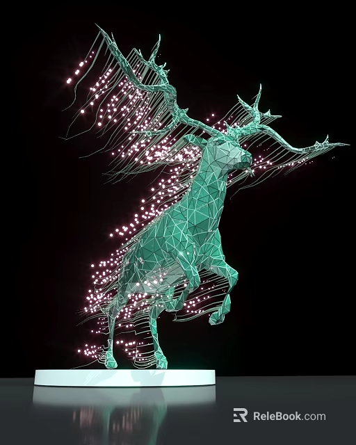 Green Deer Sculpture Wireframe Structure With Pink Light Spots In Leaping Pose Against Black Background 3d model 