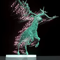 Green Deer Sculpture Wireframe Structure With Pink Light Spots In Leaping Pose Against Black Background