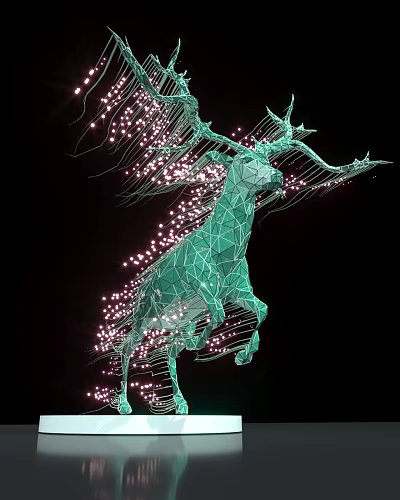Green Deer Sculpture Wireframe Structure With Pink Light Spots In Leaping Pose Against Black Background 3d model