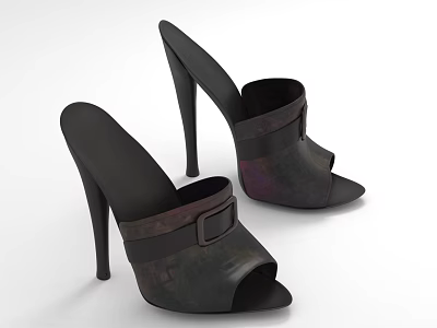 Stylish Black High Heel Open Toe Shoes with Strap and Buckle Detail 3d model