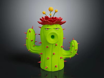 Decorative Character Green Cactus With Red Flower And Yellow Blooms Design 3d model