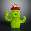 Decorative Character Green Cactus With Red Flower And Yellow Blooms Design