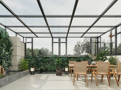 Villa Balcony With Glass Roof Green Plants And Wooden Furniture 3d model